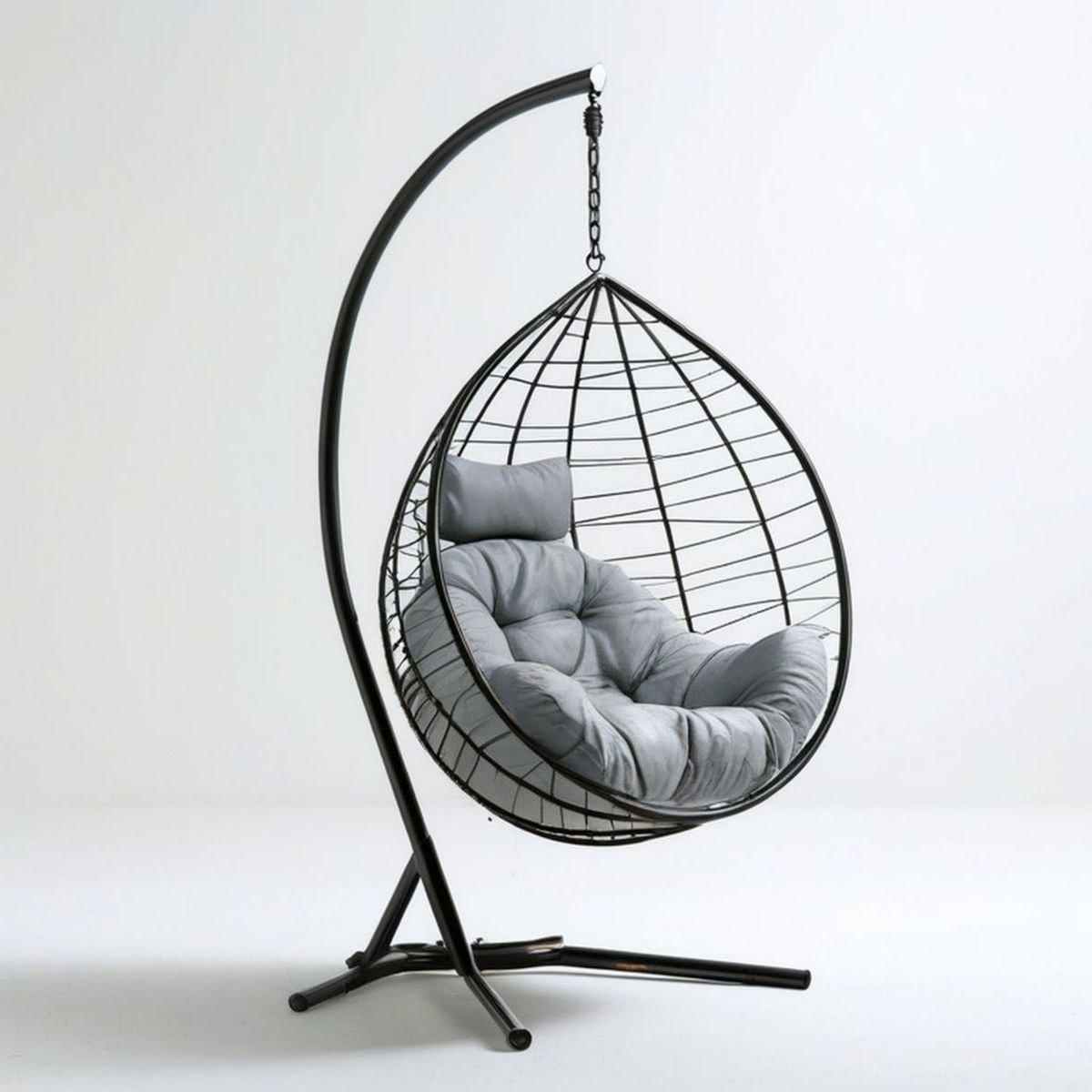 Tropfenförmiger Hängesessel mit Gestell 105 x 95 x 195 cm, Schwarz/Grau