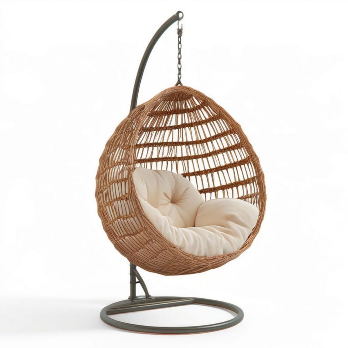 Eiförmiger Hängesessel mit Gestell, Rattan und Kissen, 105 x 95 x 195 cm, Braun/Creme/Dunkelgrau