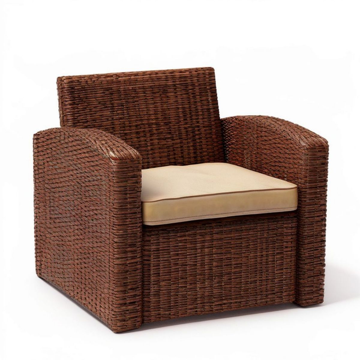 Garten-Armlehnstuhl aus Weidengeflecht Braun mit beigem Sitzkissen, 80 x 75 x 85 cm