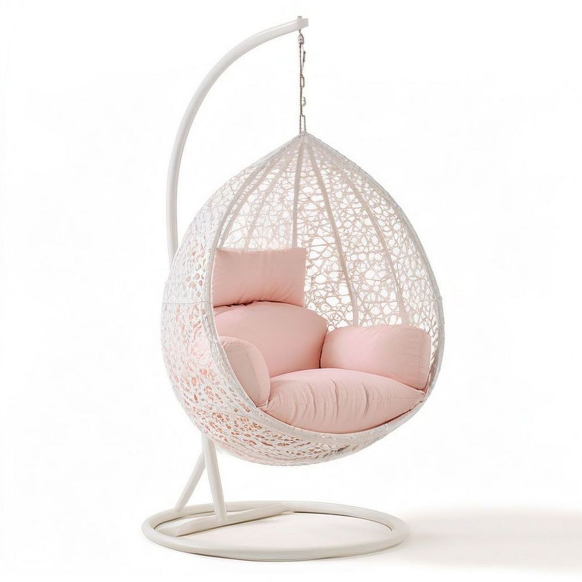Hängesessel mit Gestell in Tropfenform, 105 x 105 x 195 cm, Weiss/Rosa