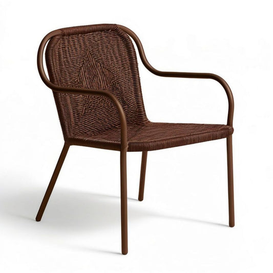 Brauner Armlehnstuhl aus PE-Rattan und pulverbeschichtetem Stahl, 56 x 60 x 83 cm