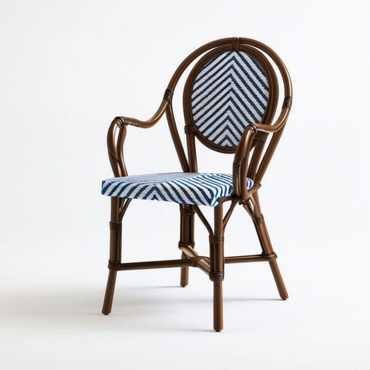 Bistrostuhl mit Armlehnen und runder Rückenlehne, 57 x 60 x 89 cm, Braun/Blau/Weiss
