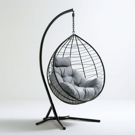 Tropfenförmiger Hängesessel mit Gestell 105 x 95 x 195 cm, Schwarz/Grau