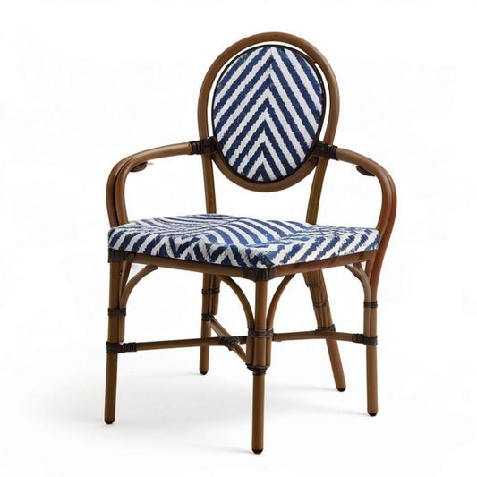 Bistrostuhl mit Armlehnen, PE-Rattan und Polyester, Braun/Blau/Weiss, 57 x 60 x 91 cm