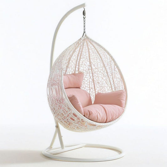 Hängesessel mit Gestell, 105 x 105 x 195 cm, Weiss/Rosa, PE-Rattan und Stahl
