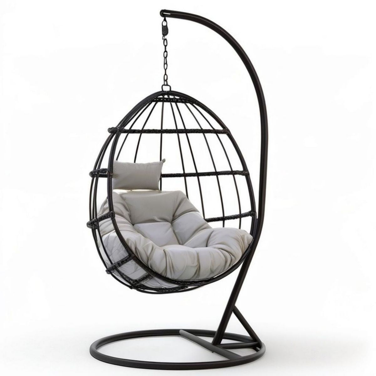 Eiförmiger Hängesessel mit Gestell, 105 x 105 x 195 cm, Schwarz/Cremeweiss