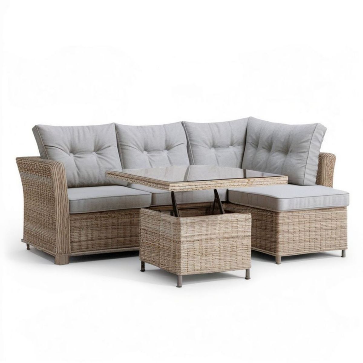 Gartenlounge-Set mit Ecksofa, Tisch und Hocker, 206 x 206 cm, Naturgrau/Hellgrau