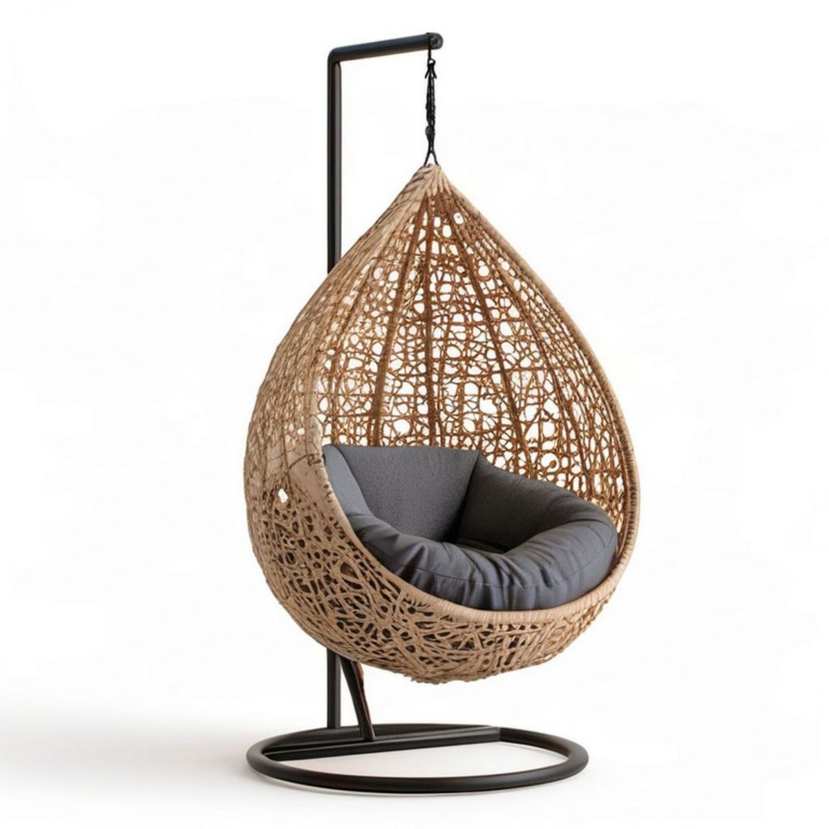 Hängesessel mit Gestell 105 x 105 x 195 cm Natur/Anthrazit/Schwarz, Ei-Form aus PE-Rattan und Stahl