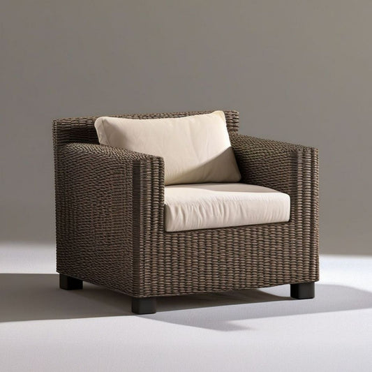 PE-Rattan-Loungesessel mit Kissen, 82 x 85 x 75 cm, Braun/Creme/Schwarz