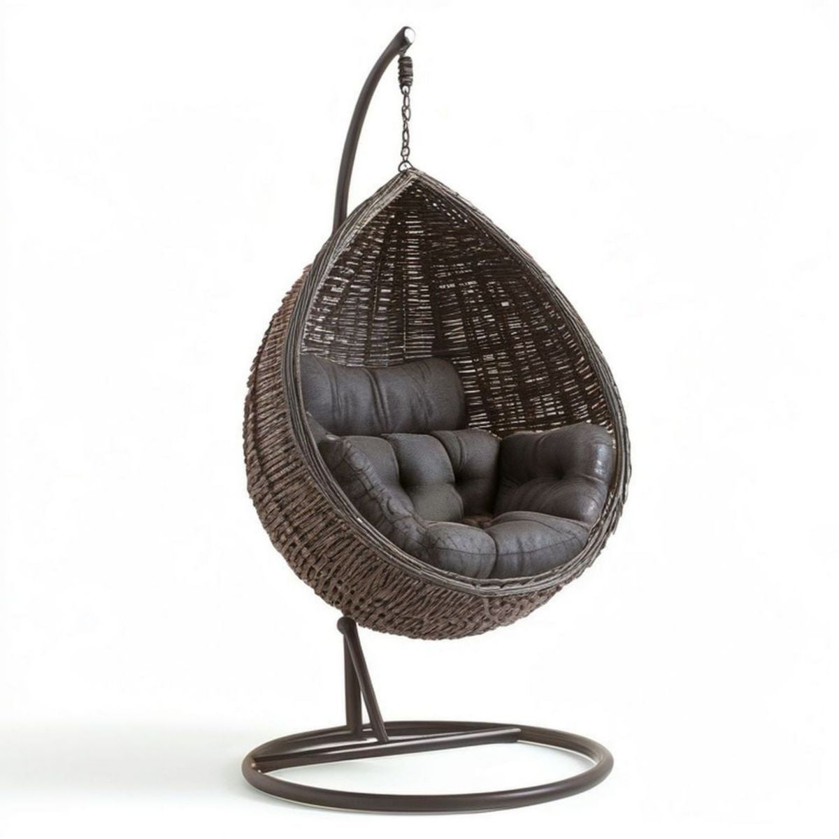 Hängesessel in Tropfenform mit Gestell, 105 × 105 × 200 cm, Braun/Grau, PE-Rattan und pulverbeschichteter Stahl